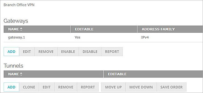 Screenshot of the Gateways settings